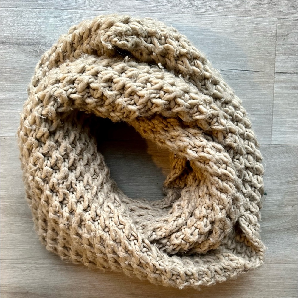 Tan knitted crochet warm circle scarf